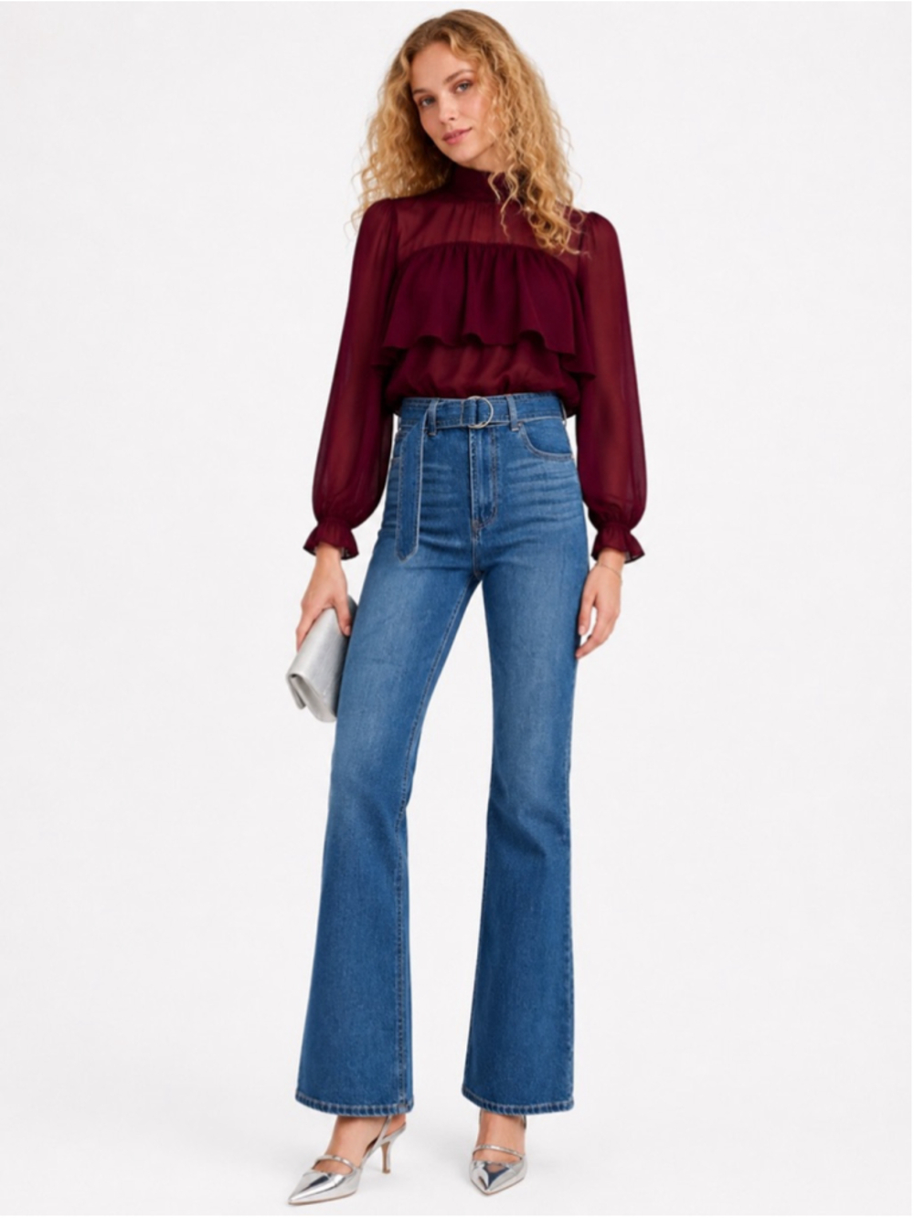 Francesca's tgla Blue Belted High Rise Flare Jeans Size 28 NWT